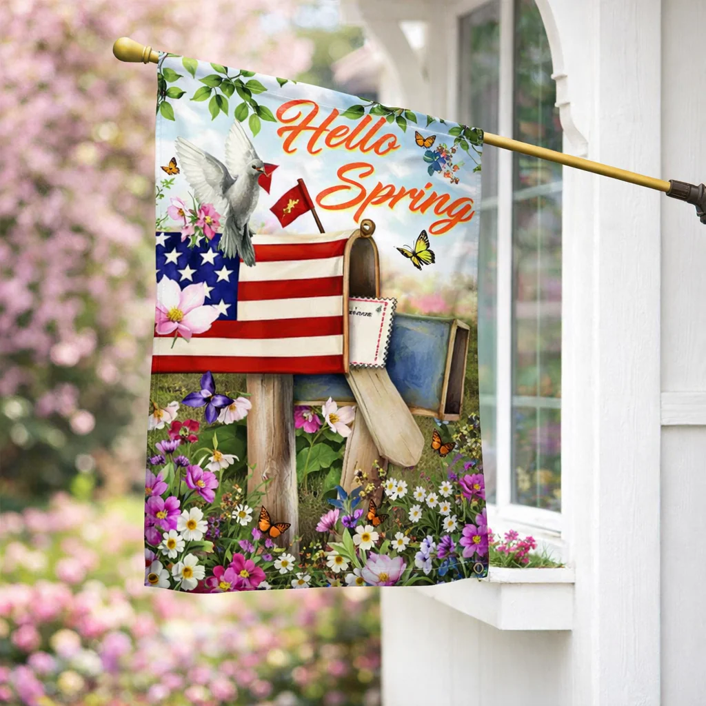 Hello Spring Hummingbird Butterfly American Flag