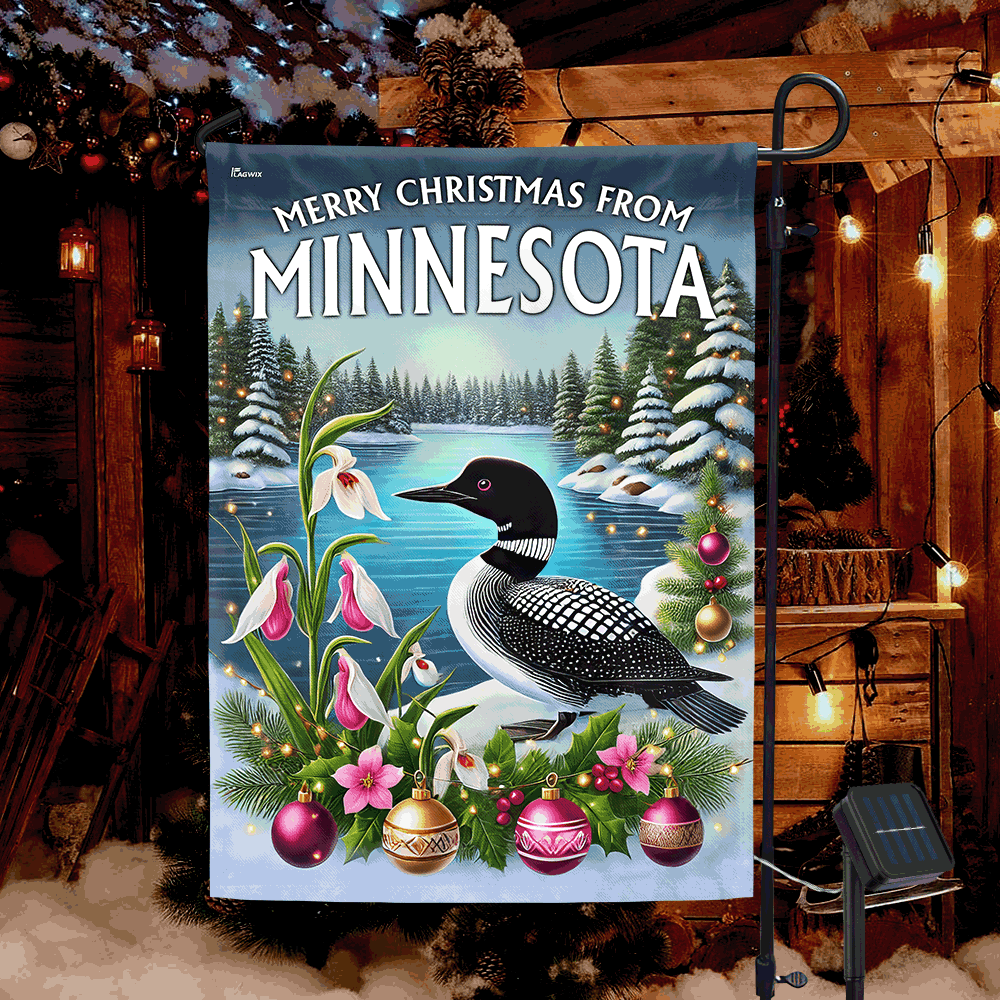 Minnesota Christmas Common Loon and Lady's Slipper Solar LED Garden Flag