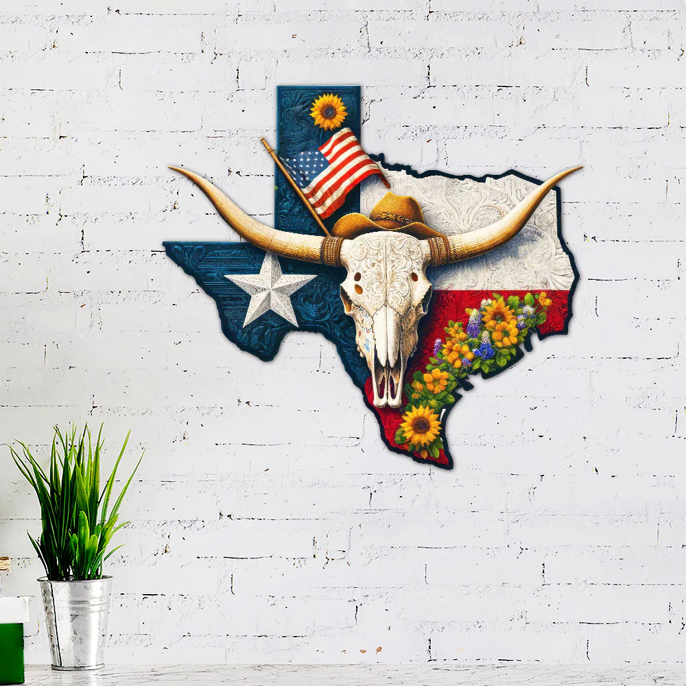 Texas Map Longhorn Hanging Metal Sign