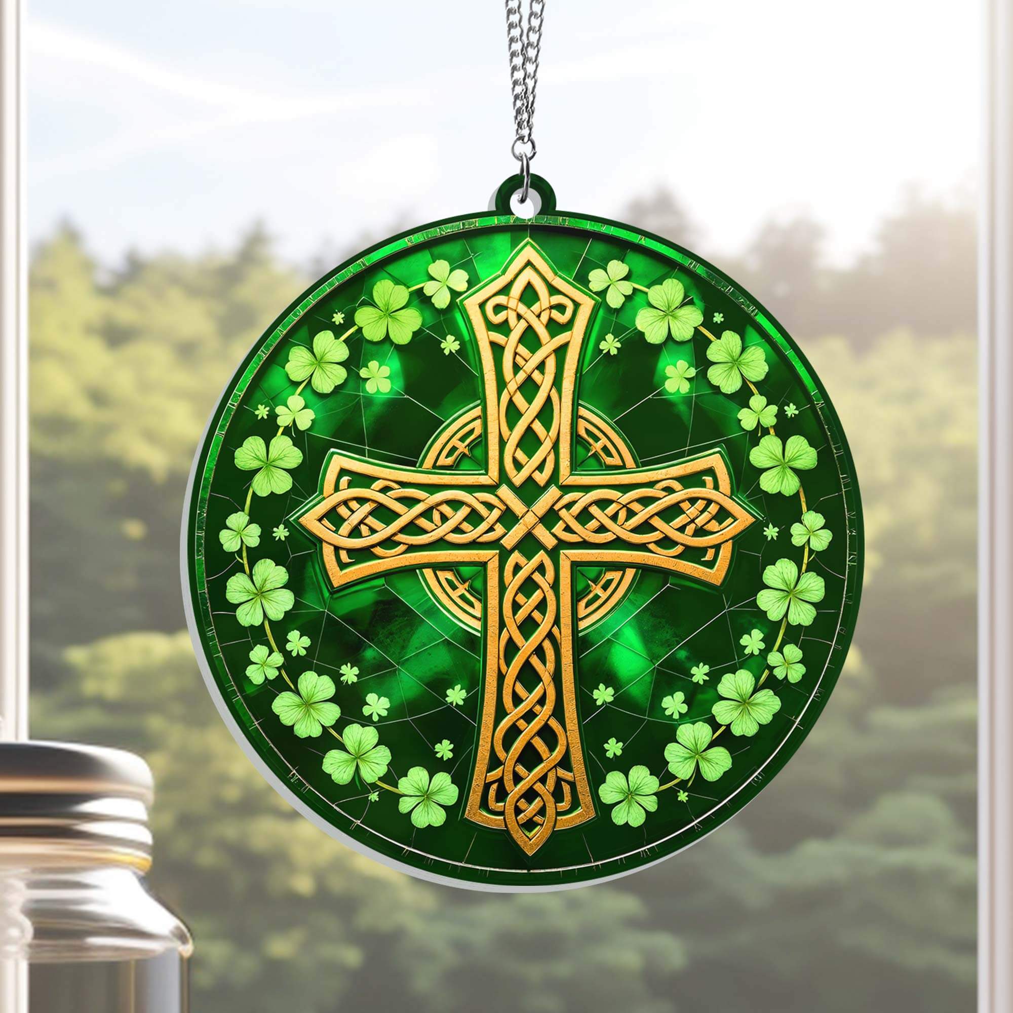 Irish Celtic Cross Shamrock St. Patrick's Day Acrylic Suncatcher Hanging Sign