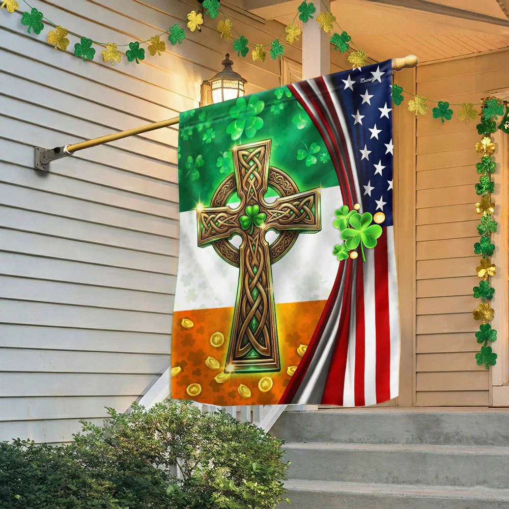 American Irish Celtic Knot Cross Flag, Shamrock St. Patrick’s Day Flag