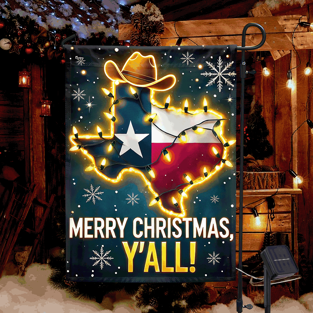 Texas Merry Christmas Y'all Solar LED Garden Flag