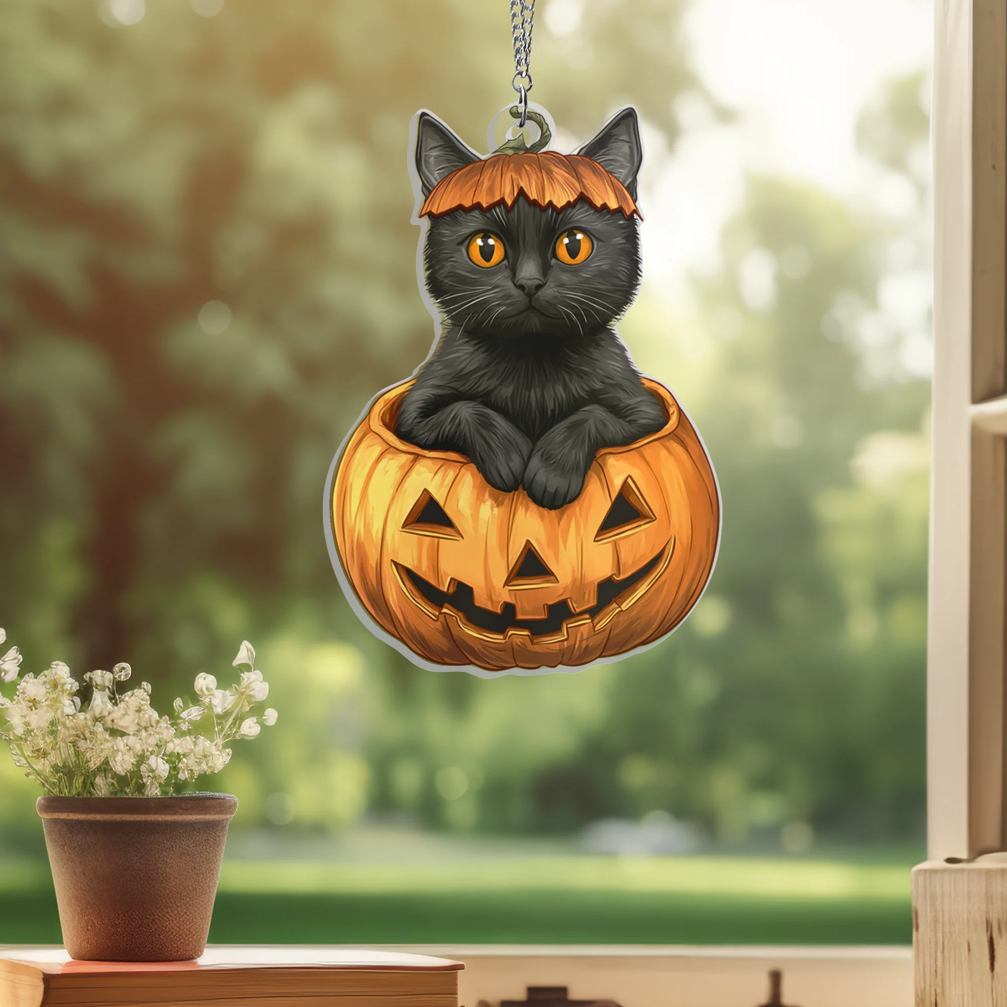 Halloween Black Cat In Pumpkin Suncatcher Acrylic Hanging