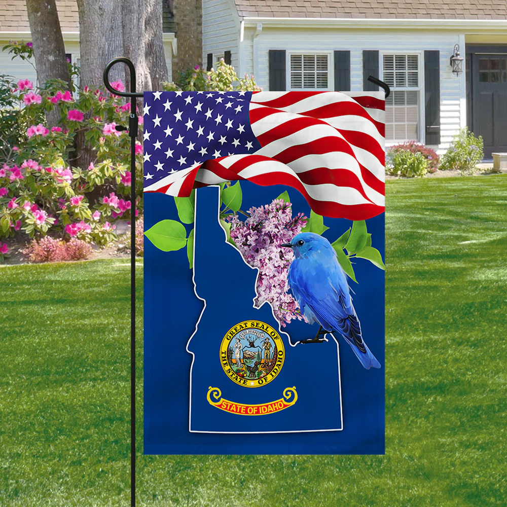 Idaho State with Mountain Bluebird and Syringa Flower American Flag TPT775Fv9