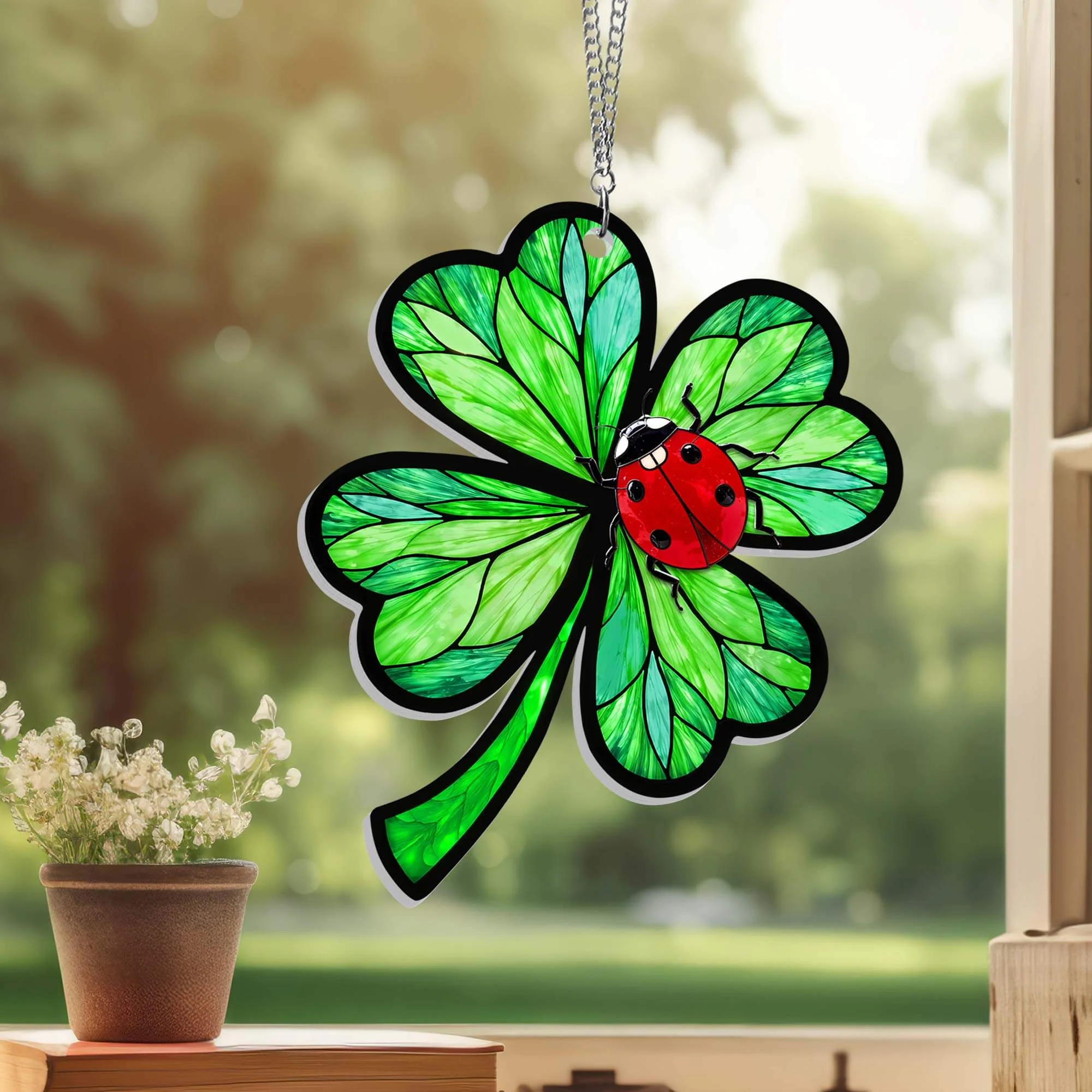 Four Leaf Clover and Ladybug Acrylic Suncatcher Hanging Sign