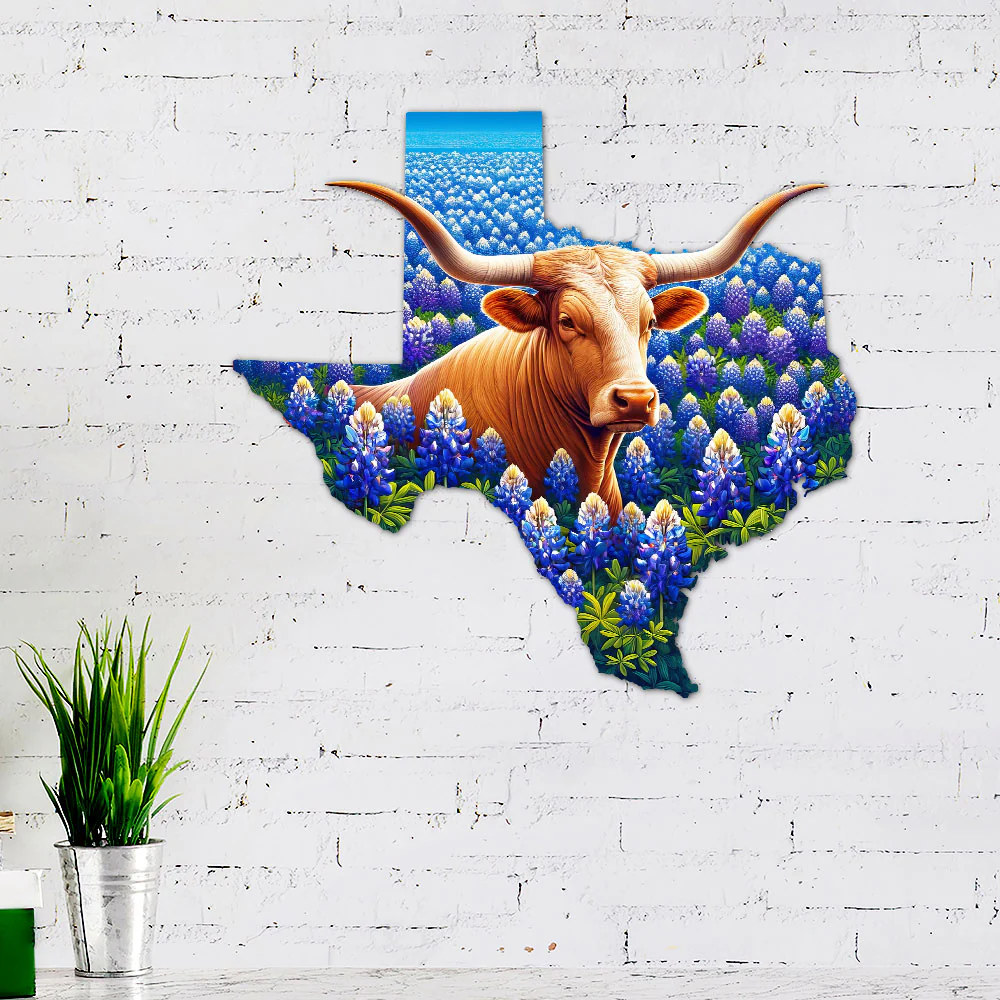 Texas Map Longhorn Cattle Bluebonnet Hanging Metal Sign