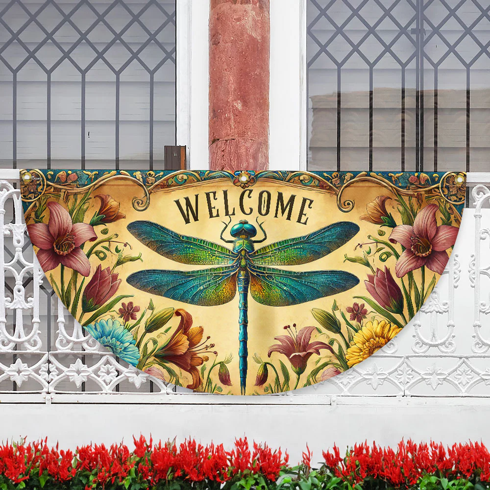 Summer Dragonfly Welcome Non-Pleated Fan Flag for Outdoor Home Decor