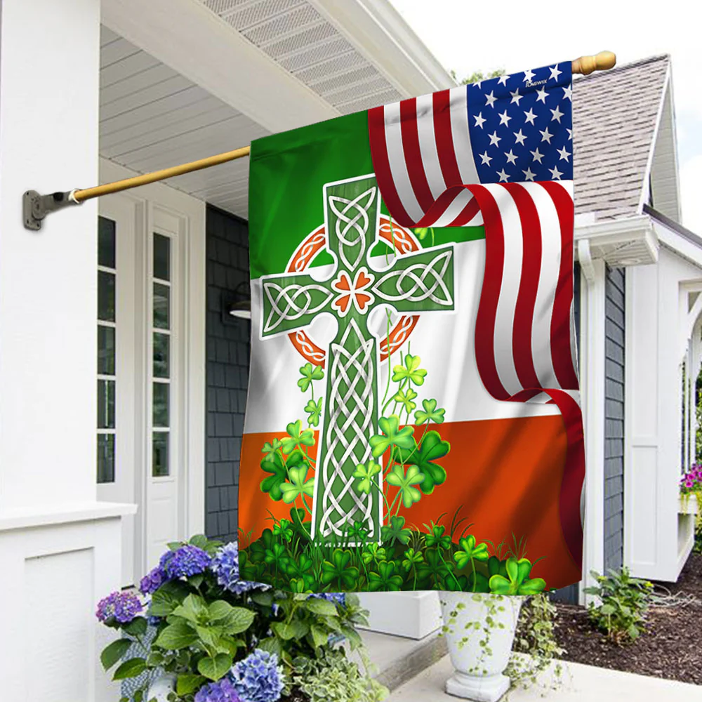 Irish Celtic Knot Cross with Shamrock, Happy St. Patrick’s Day Irish American Flag