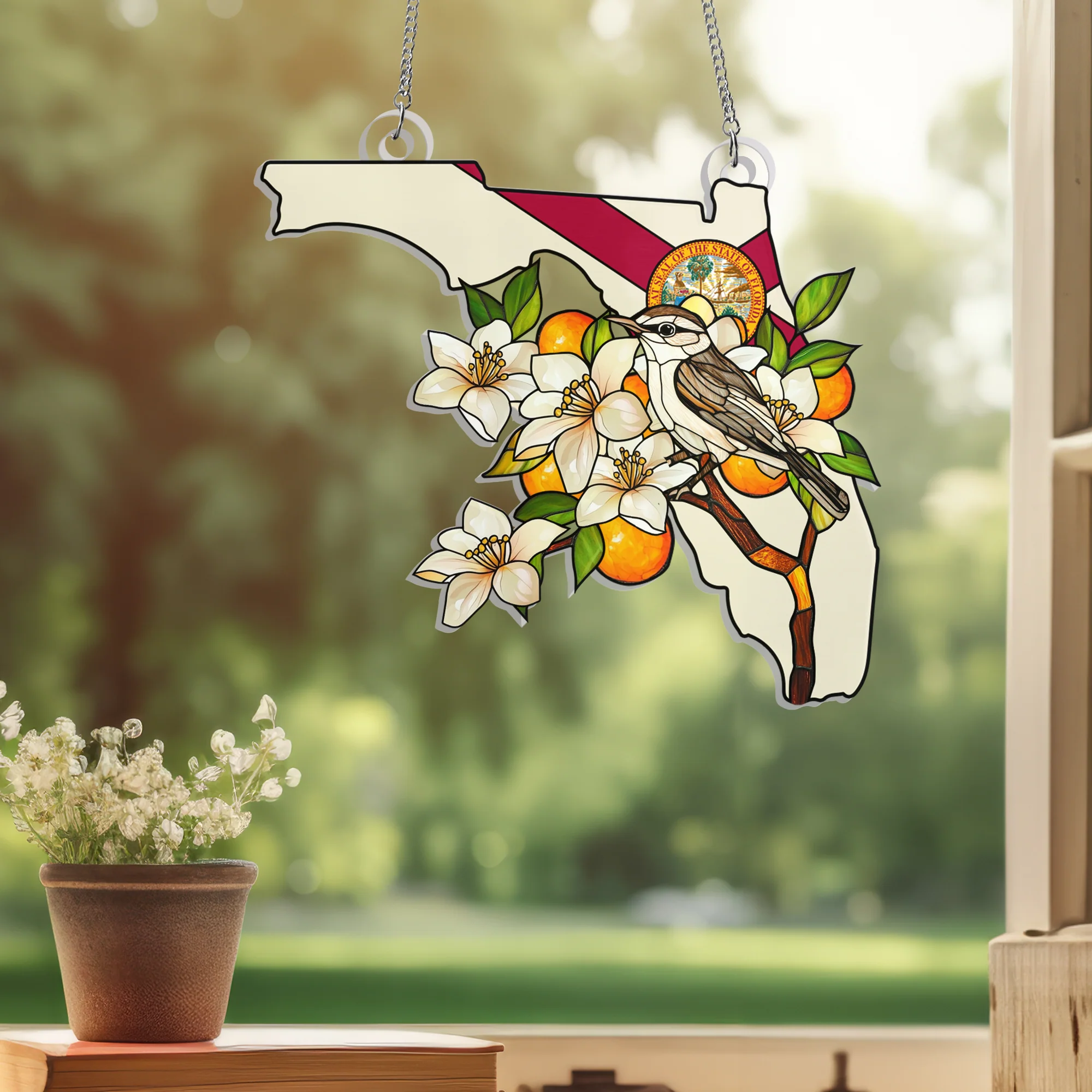 Florida Mockingbird & Orange Blossom Suncatcher - Hanging Sign Gift for State Pride & Nature Lovers
