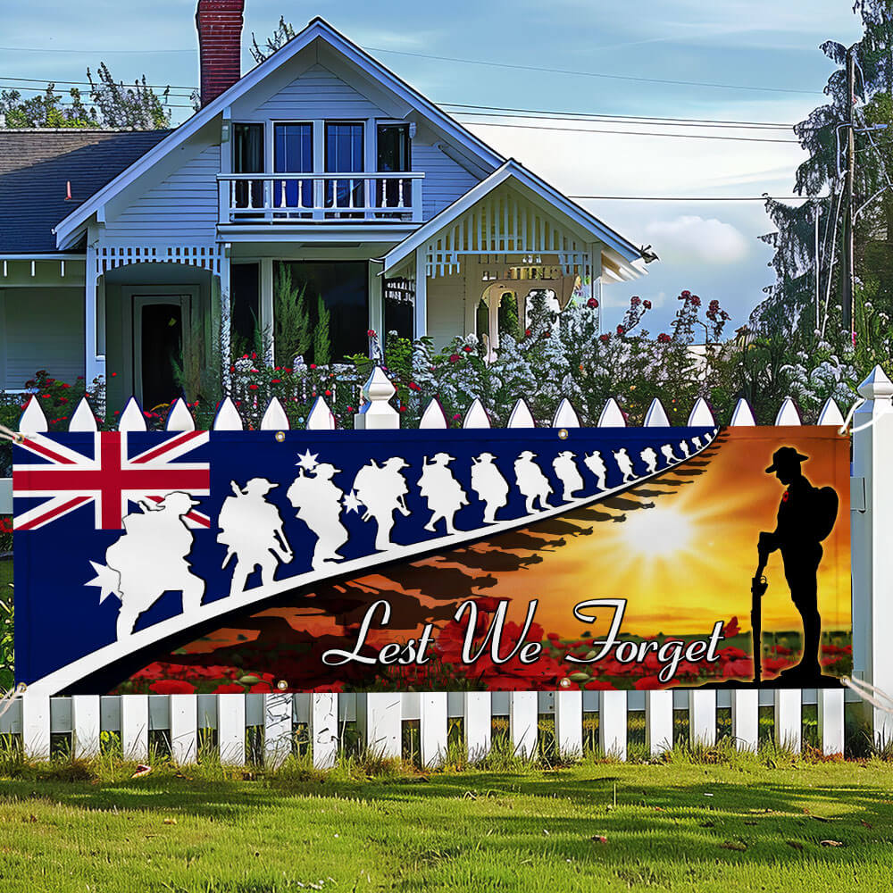 Lest We Forget Red Poppy Soldiers Veteran Australia Memorial Fence Banner