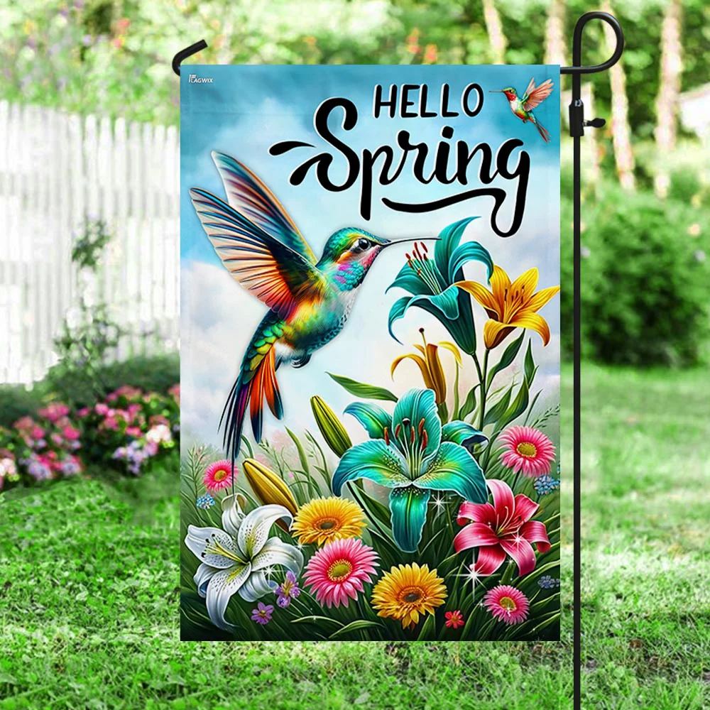 Hello Spring Hummingbird Flag for Outdoor Home Decor, Spring Floral Design