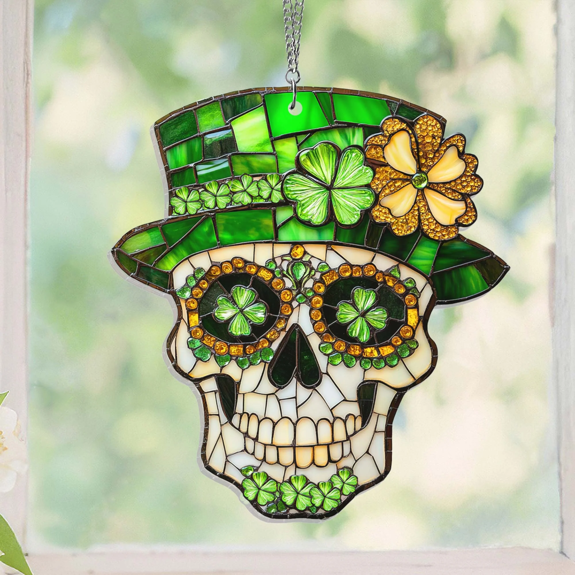 Irish Decor Saint Patrick's Day Skull Acrylic Suncatcher Hanging Sign