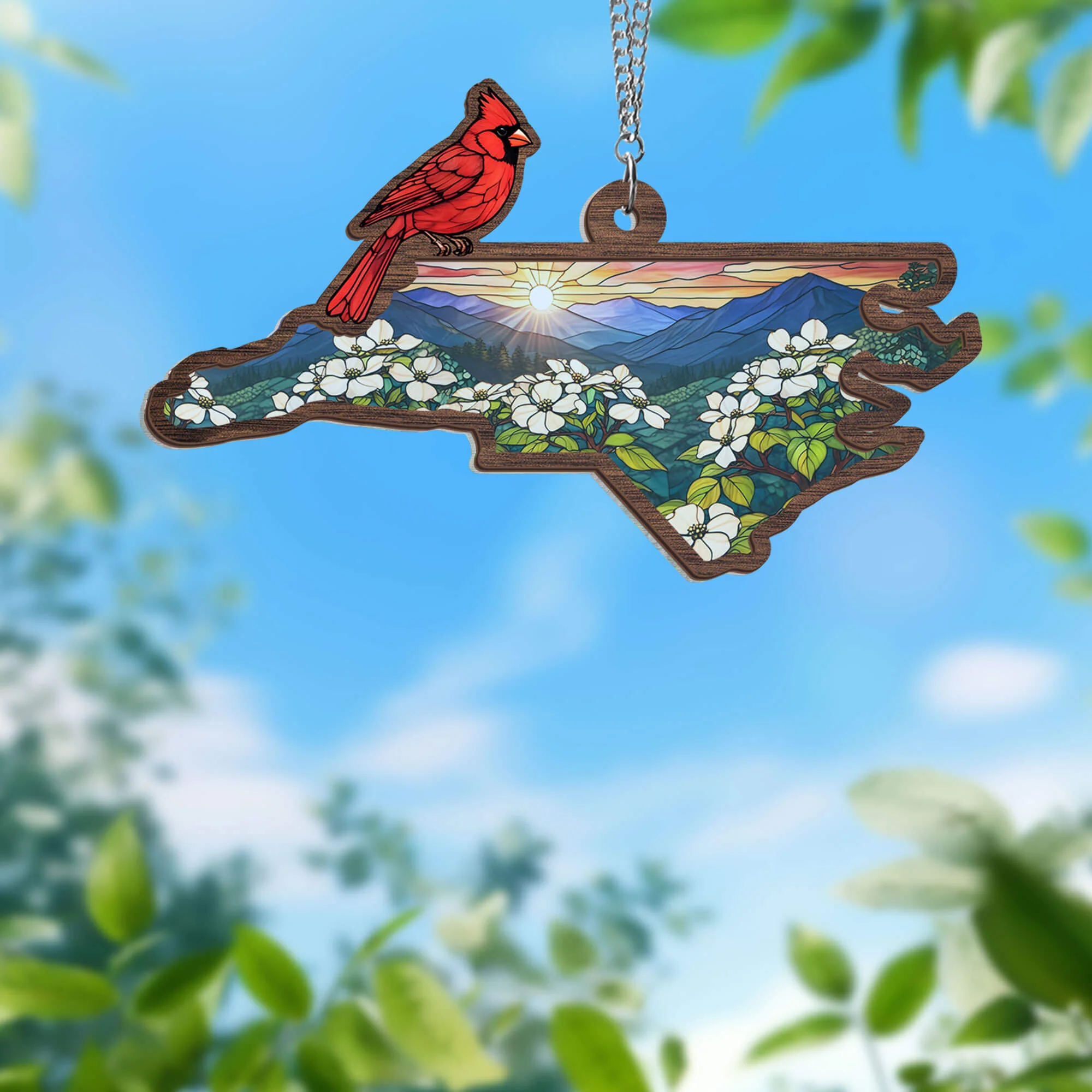 North Carolina State Cardinal and Dogwood Flower 2 Layered Hanging Suncatcher