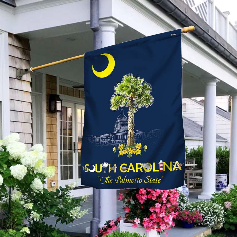 South Carolina Flag The Palmetto State Palm Tree and  Yellow Jessamine Flower Flag