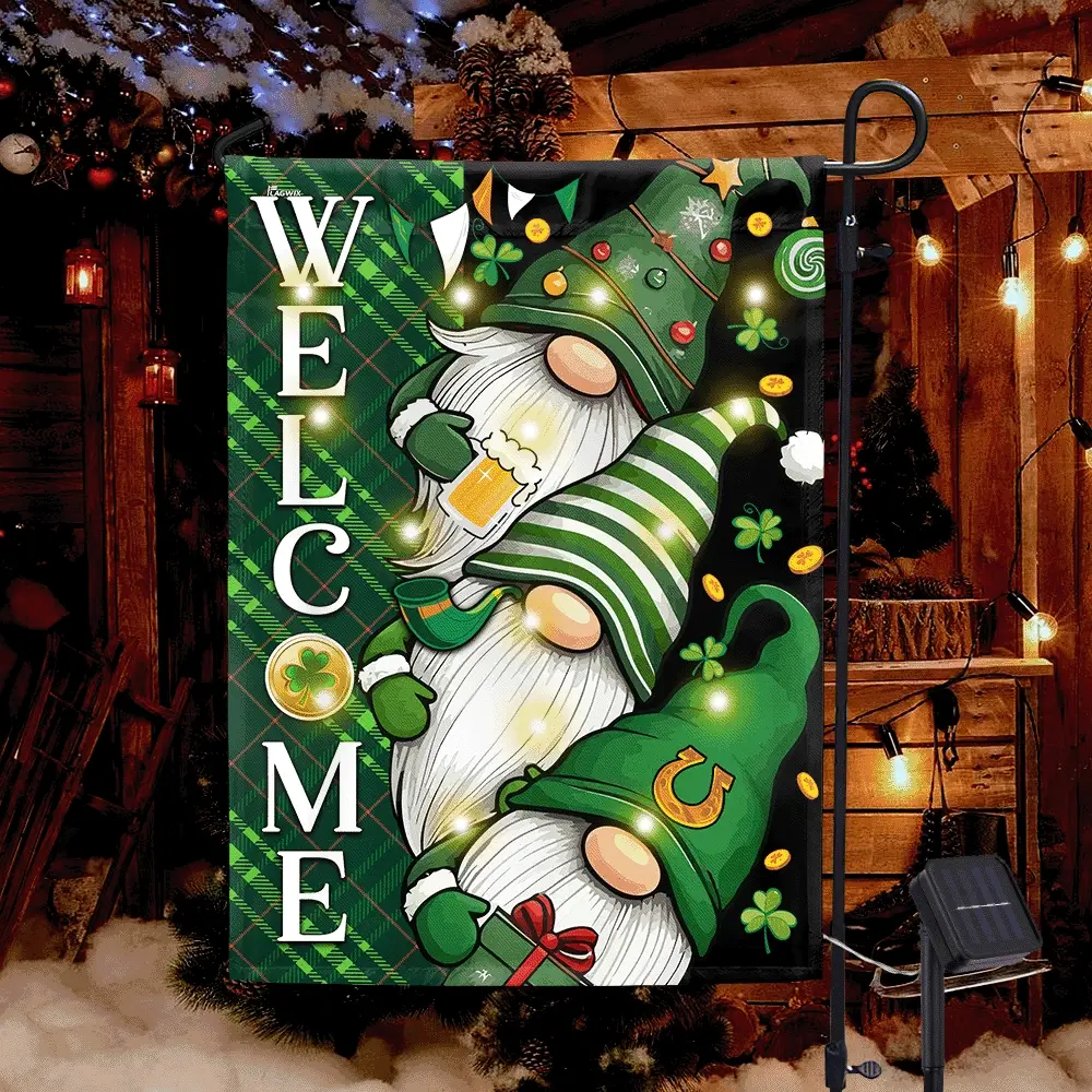Welcome Gnomes Solar LED Flag, Irish Shamrock St Patrick’s Day Christmas Garden Flag, Holiday Outdoor Decoration Gift