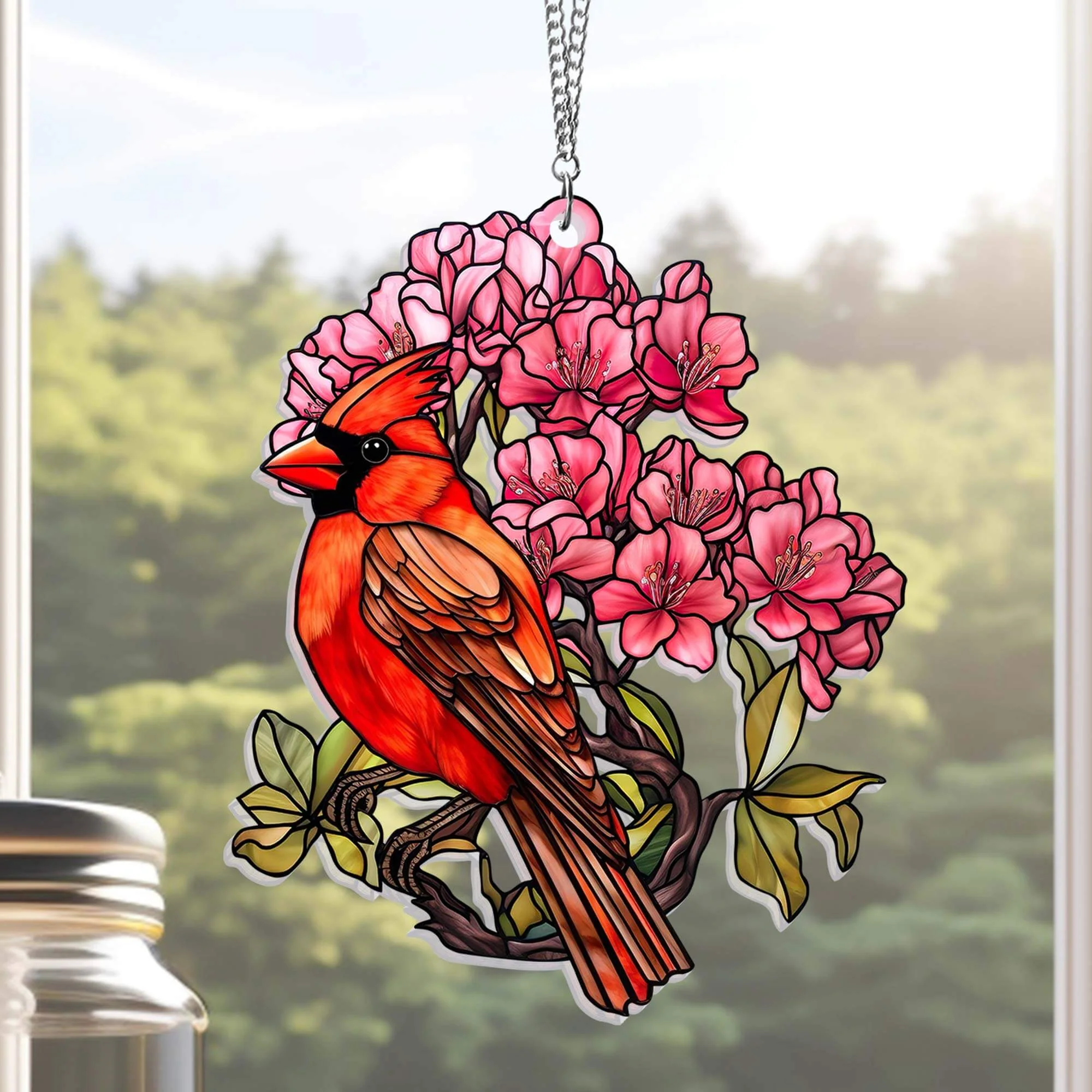 Cardinal and Rhododendron Flower Acrylic Suncatcher Hanging
