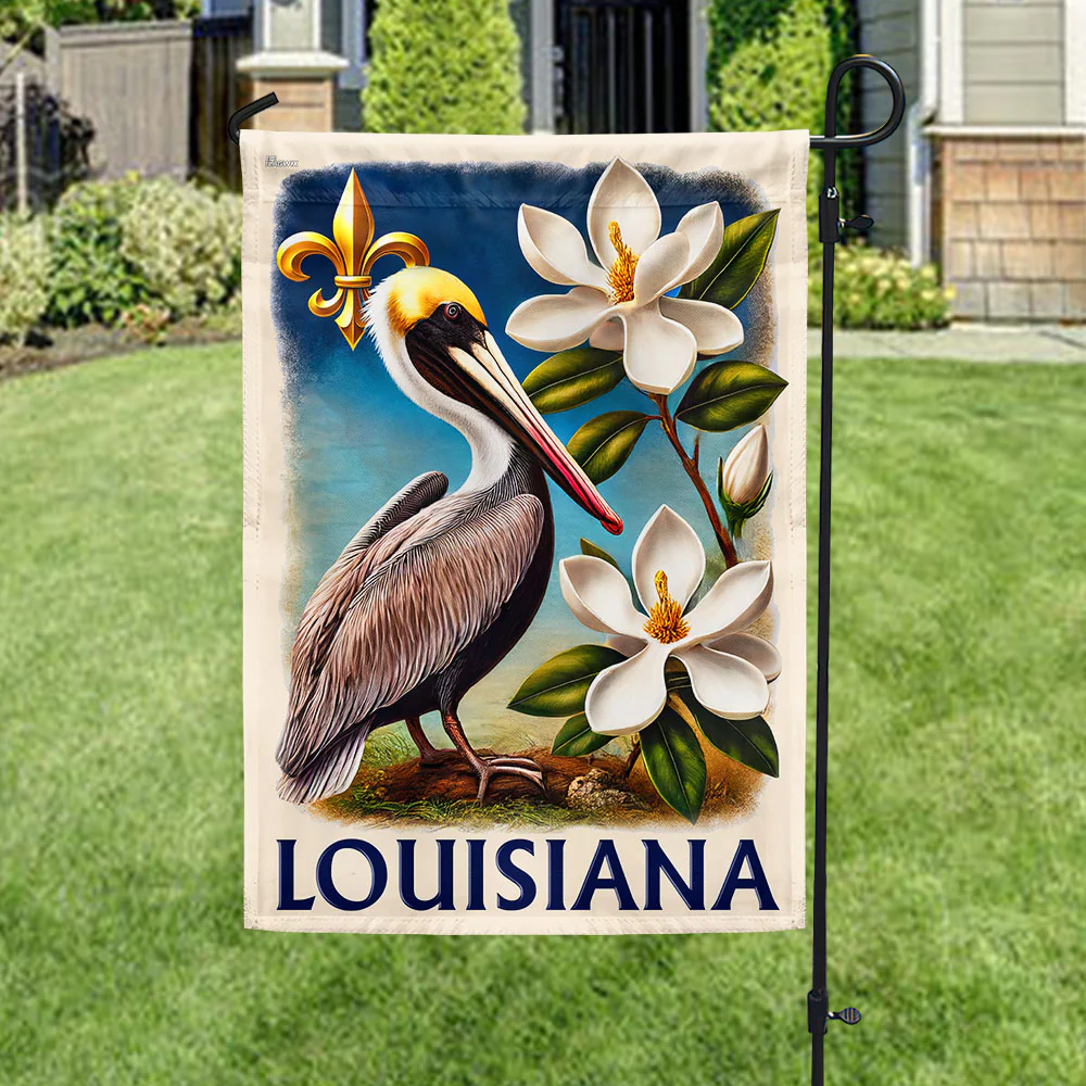 Louisiana Brown Pelican Bird and Magnolia Flower Flag