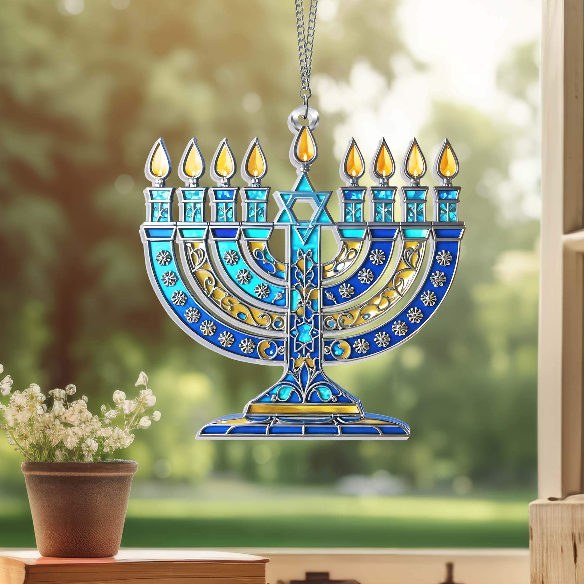 Hanukkah Menorah Suncatcher Hanging Sign