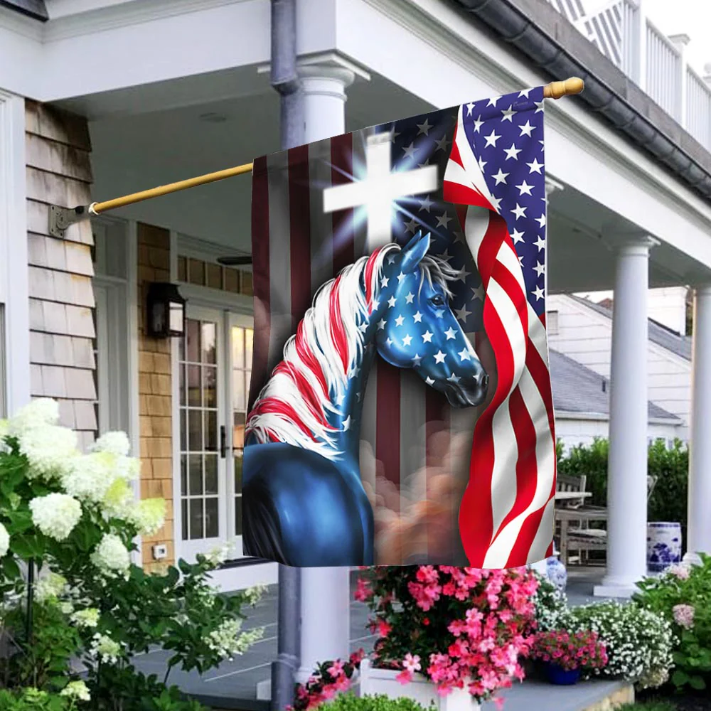 Bimipi American Flag, Patriotic Horse with Christian Cross American Flag, Farm Flag