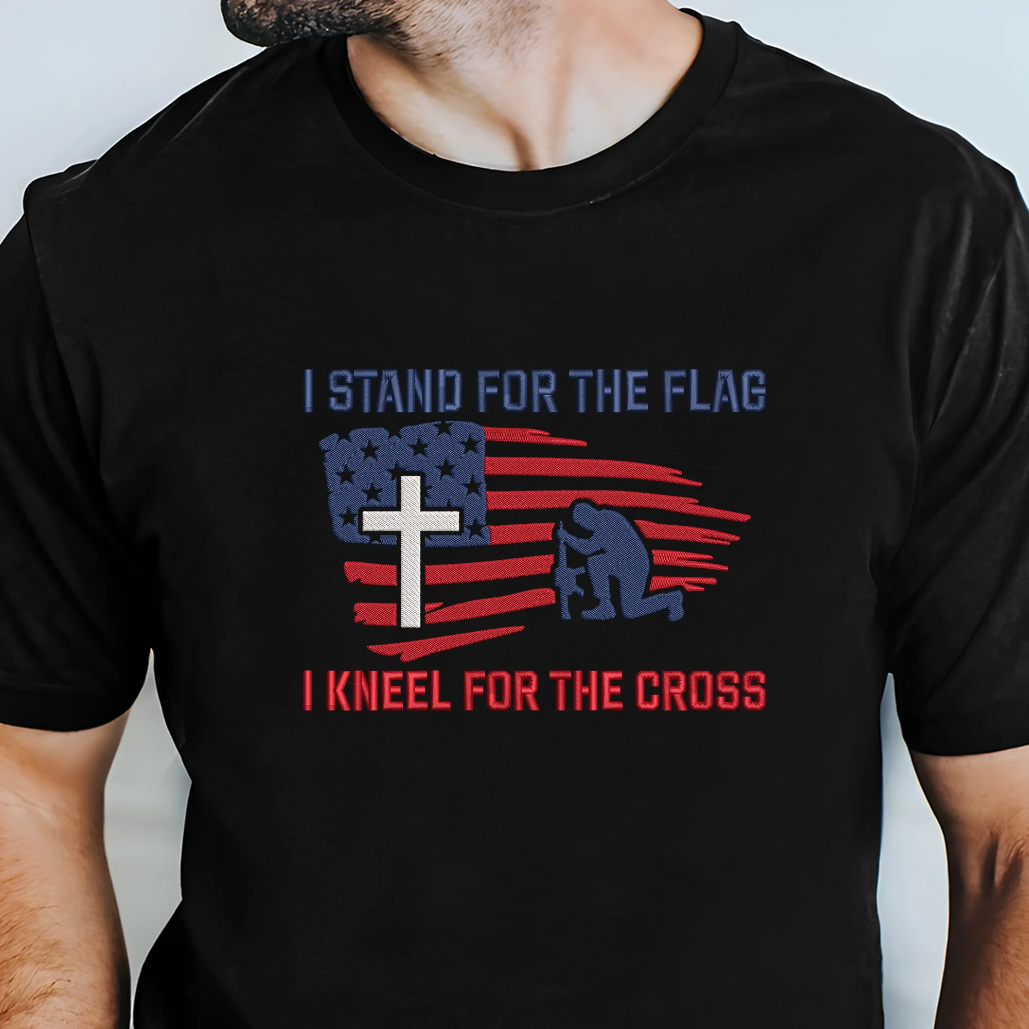Stand For The Flag, Kneel For The Cross Veteran Embroidered T-shirt