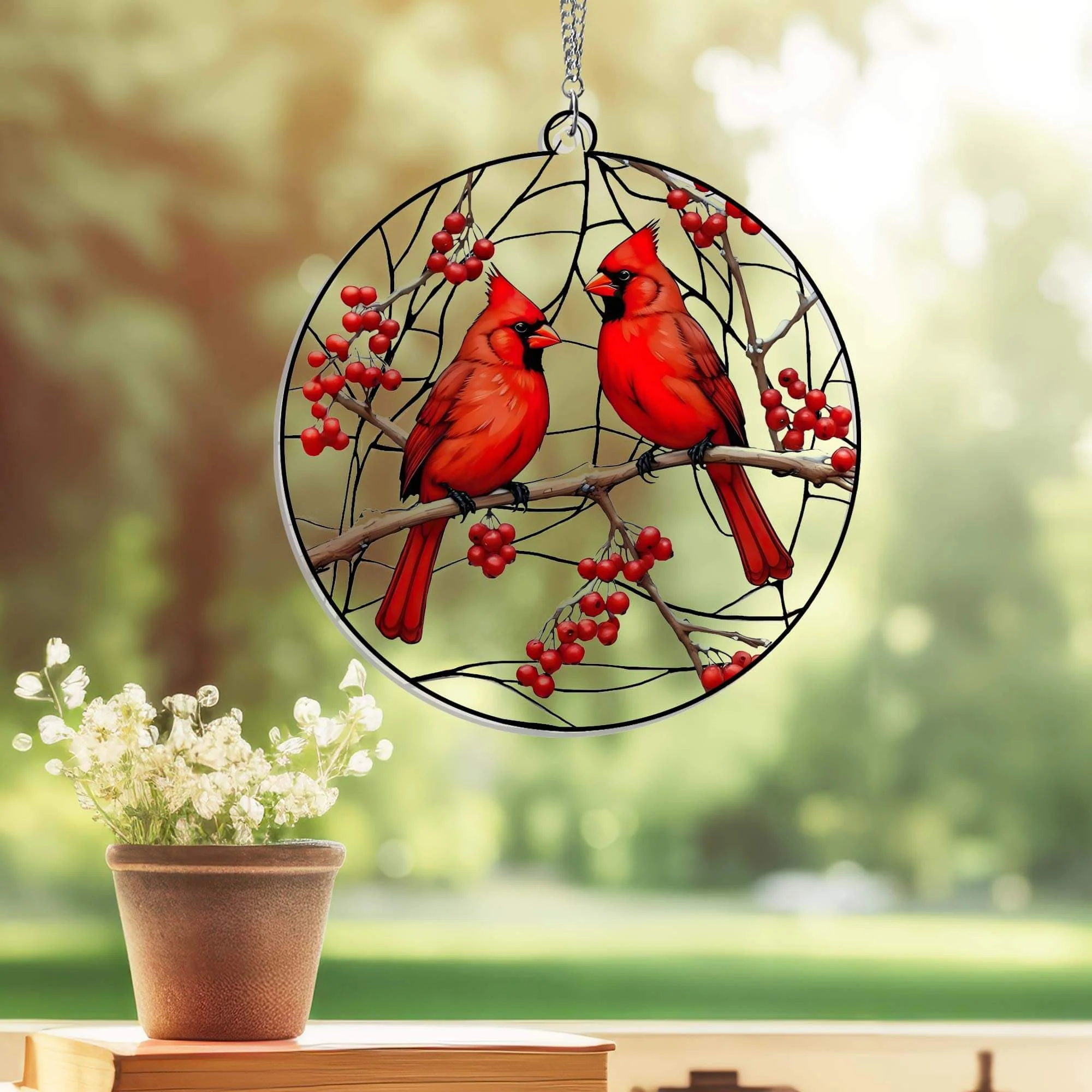 Cardinals On Red Berry Tree, Christmas Memorial Cardinal Suncatcher Acrylic Hanging