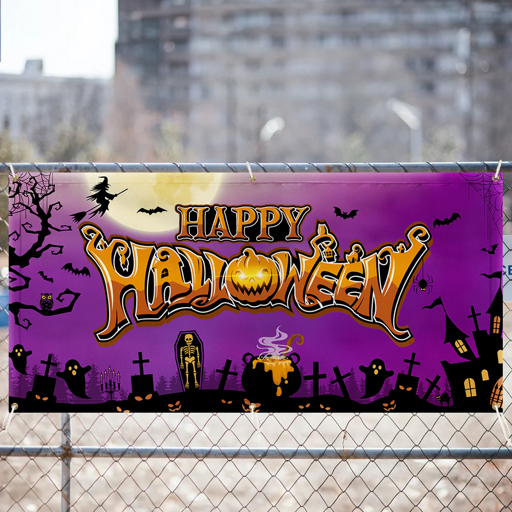 Happy Halloween Spooky Pumpkin Witch Haunted House Fence Banner