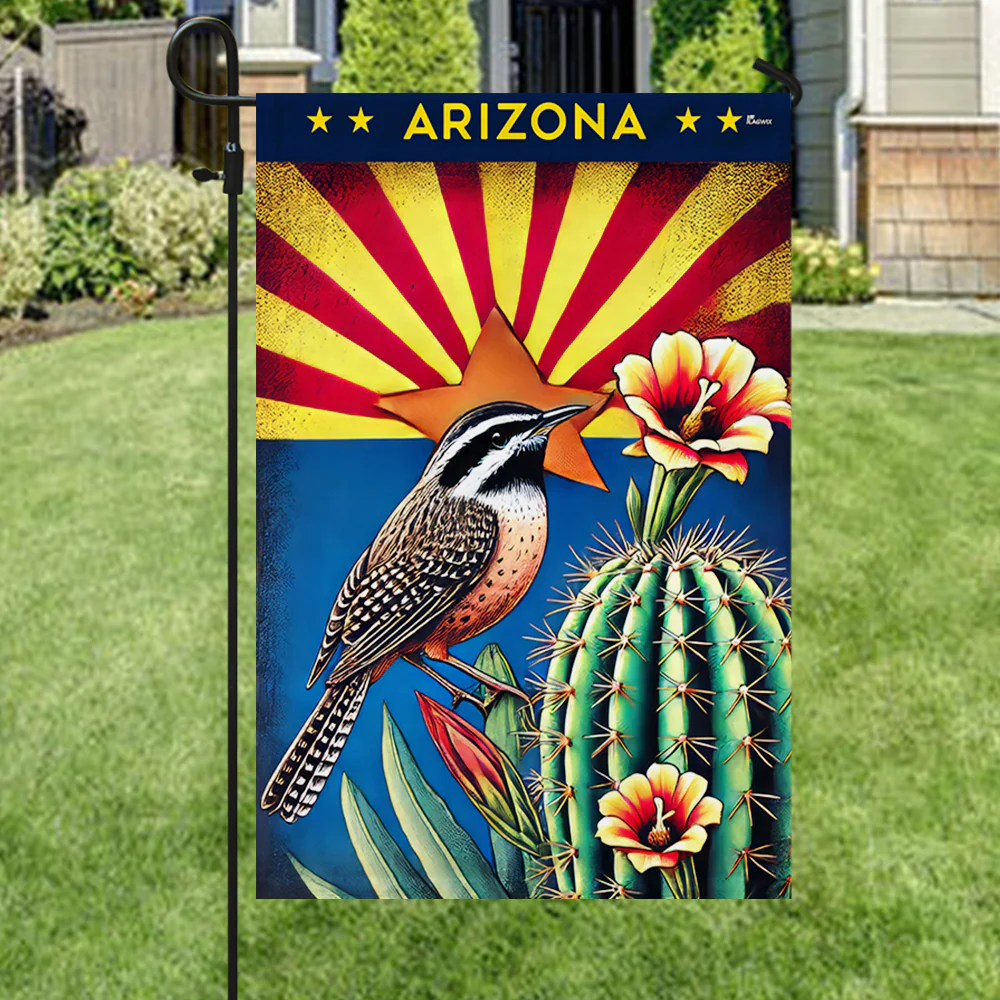 Arizona Cactus Wren and Saguaro Cactus Blossom Flag