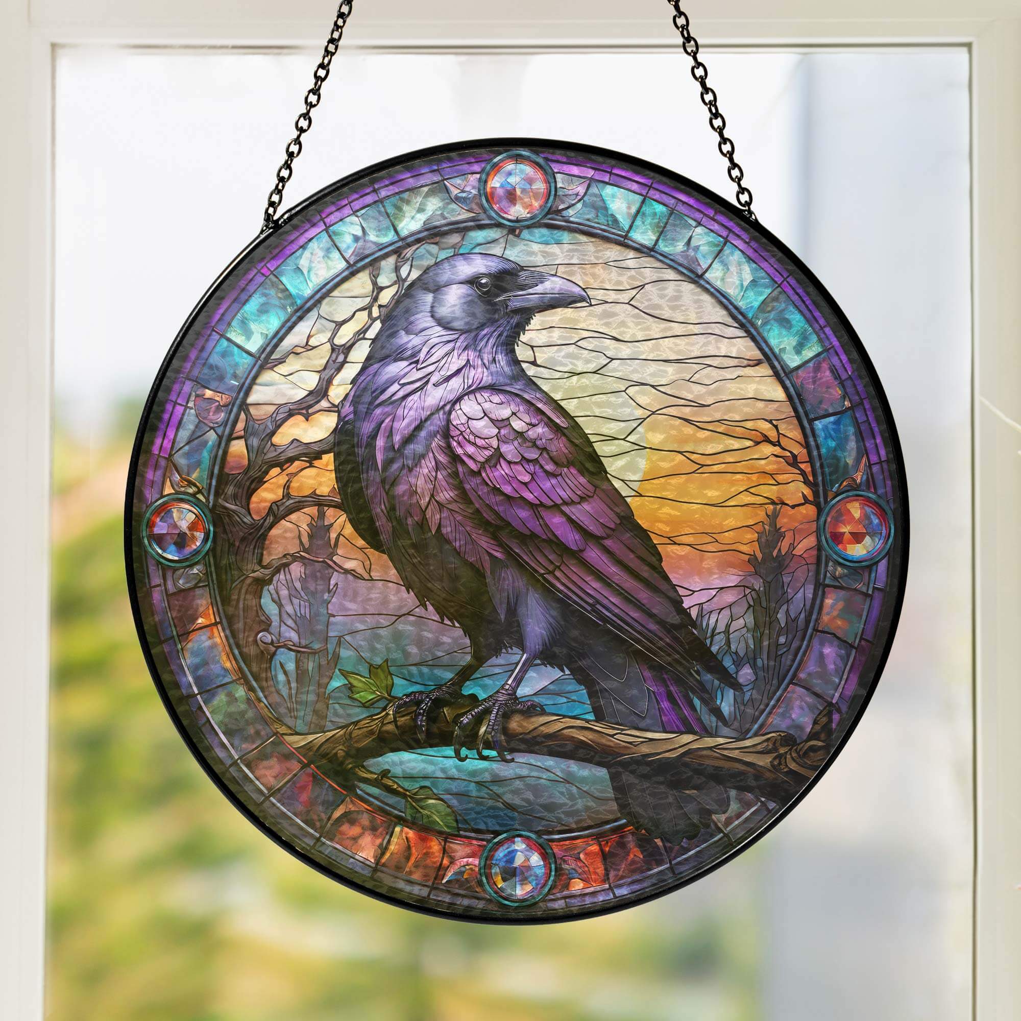 Raven Stained Glass Gothic Crow Stained Glass Suncatcher 3-Day Shipping