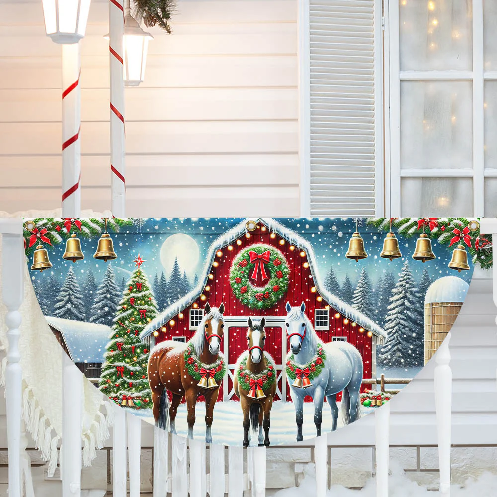 Horse Christmas Holiday Festive Farm Red Barn Non-Pleated Fan Flag