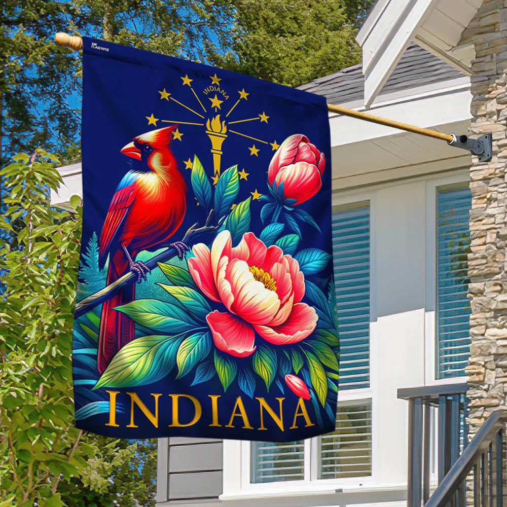 Bimipi  Indiana State Symbols Cardinal and Peony Flower Flag