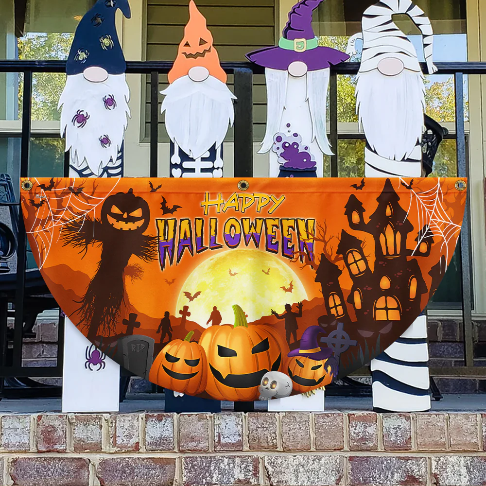 Happy Halloween Pumpkin Spooky Witch House Non-Pleated Fan Flag
