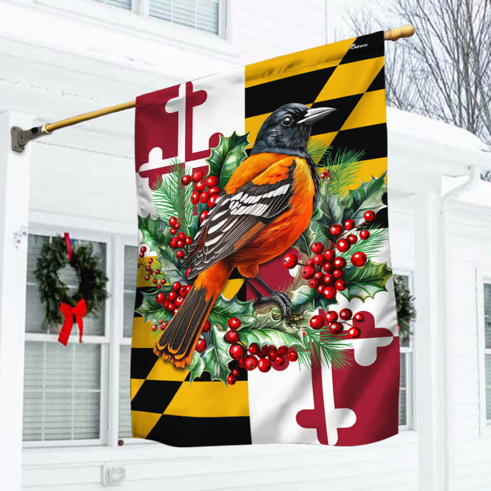 Maryland Christmas Baltimore Oriole Bird and  Christmas Wreath Flag