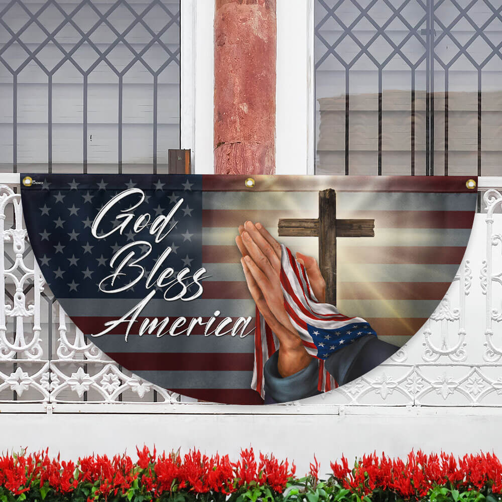 Christian Cross God Bless America Non-Pleated Fan Flag