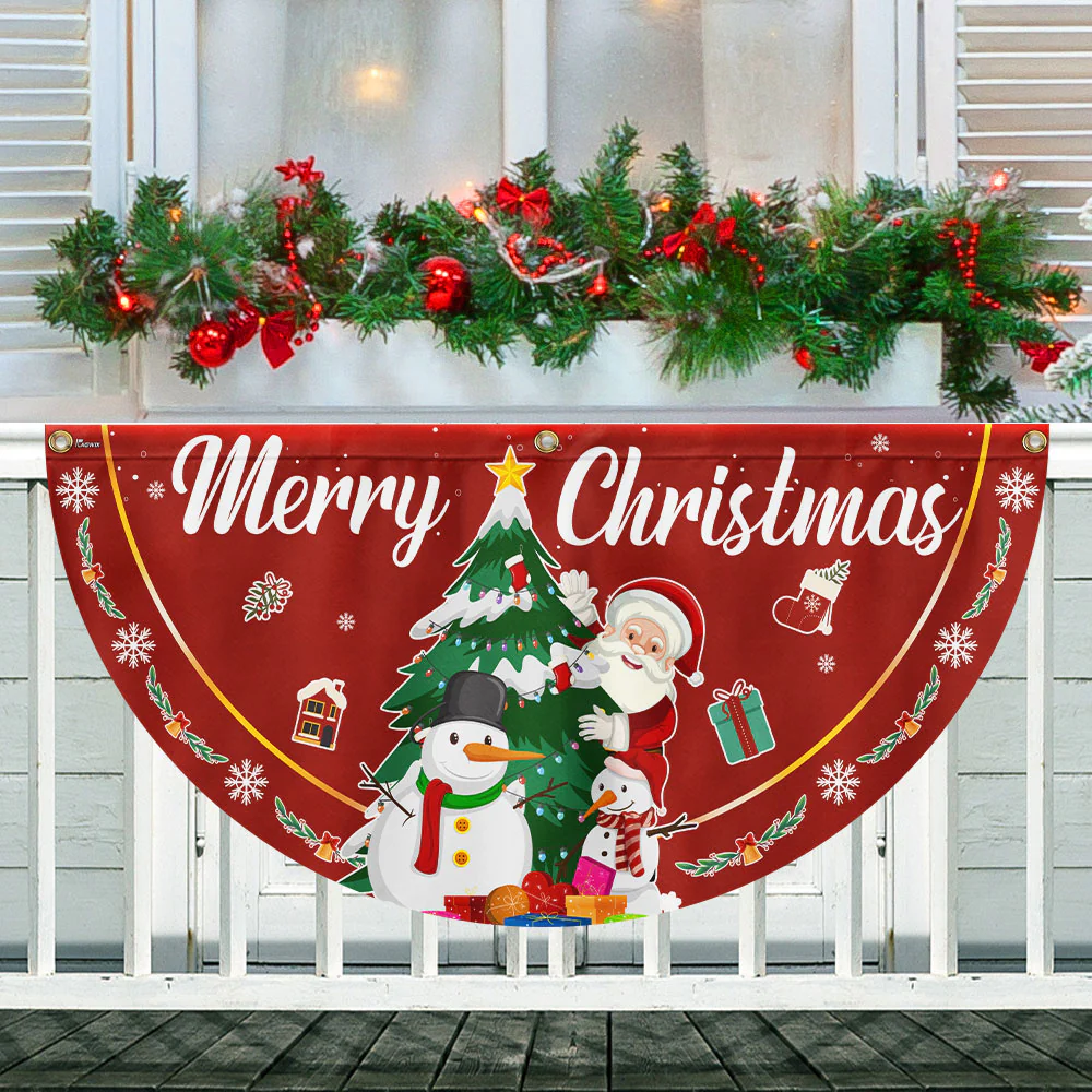 Merry Christmas Fan Flag - Santa Claus & Snowman Non-Pleated Holiday Décor  - 3-Day Shipping