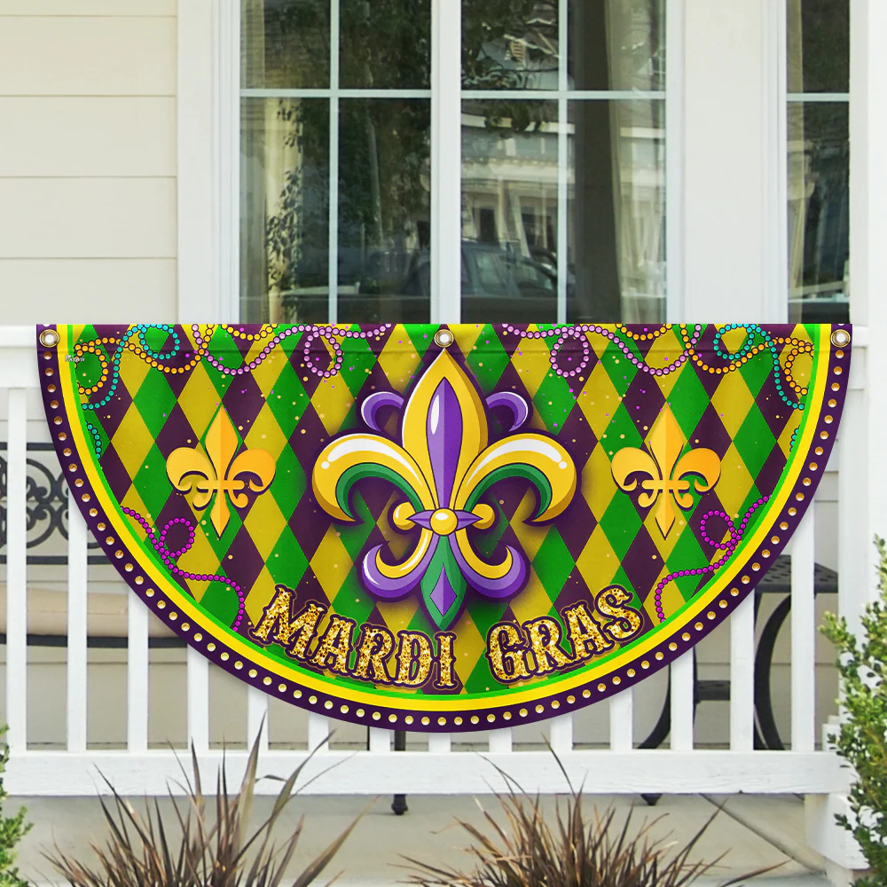 Happy Mardi Gras Fleur De Lis Non-Pleated Fan Flag