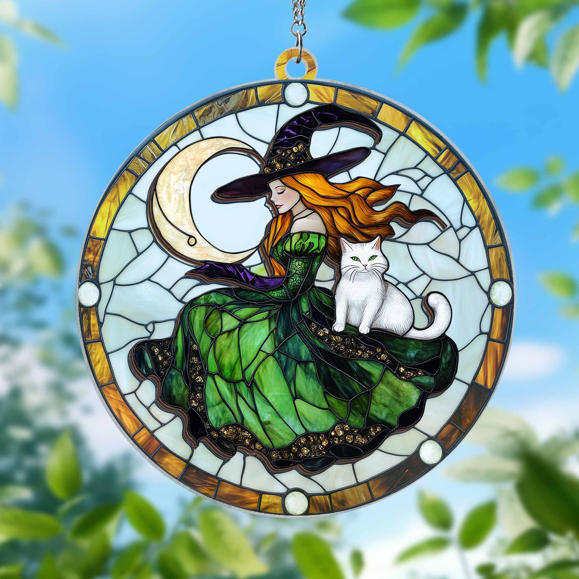 Witchcraft Cat Halloween 2 Layered Hanging Suncatcher