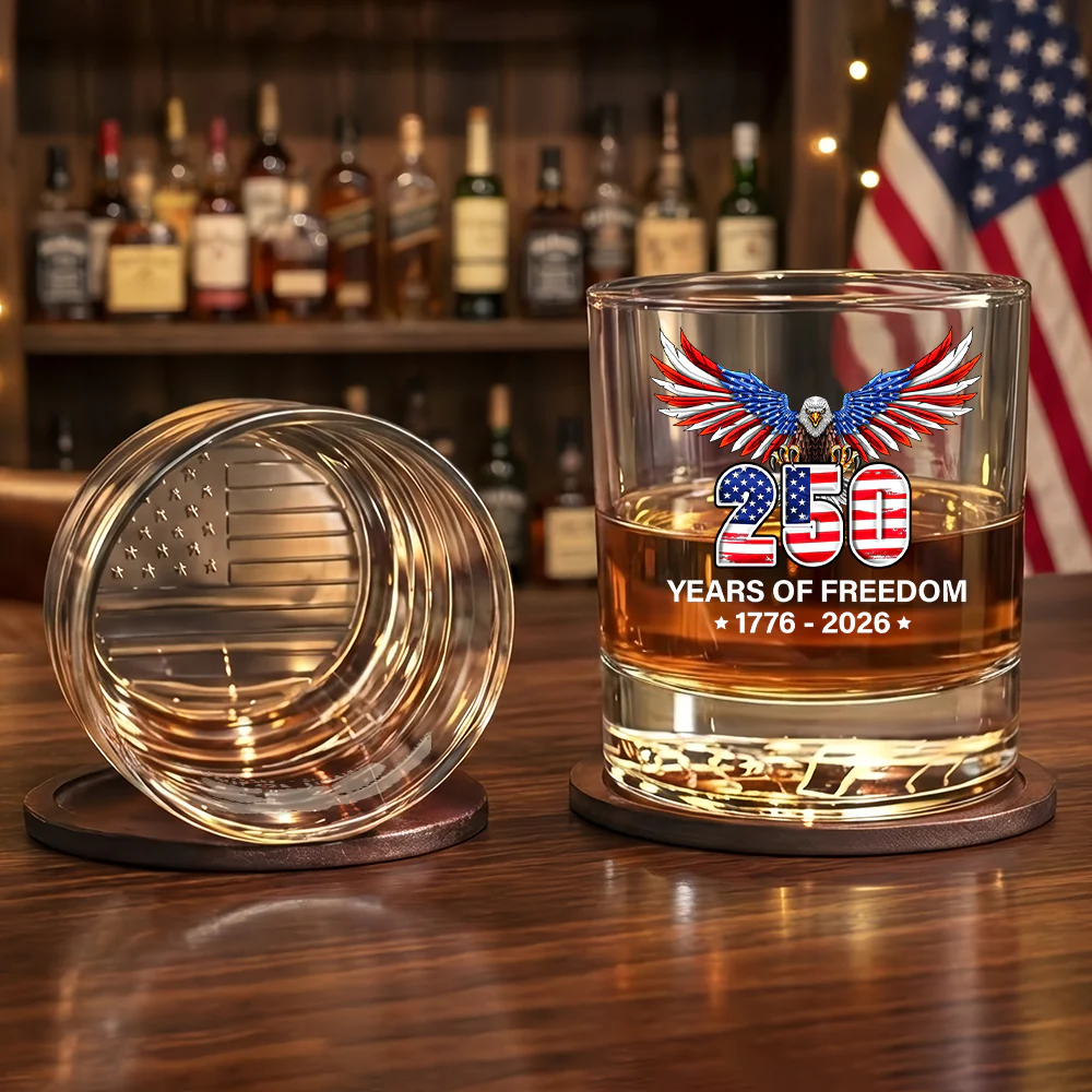 250 Years of Freedom, 1776 2026 Eagle Printed Whiskey Glass Patriotic Gift