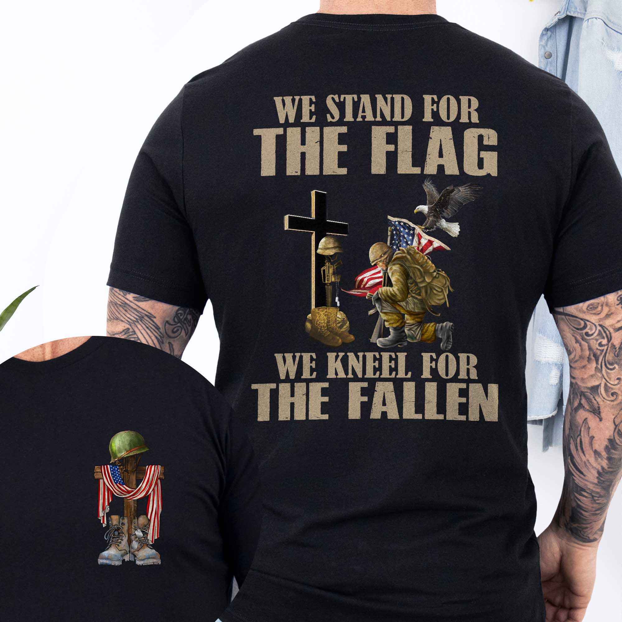 Veteran Kneeling Christ Cross We Stand For The Flag We Kneel For The Fallen Veteran T-Shirt