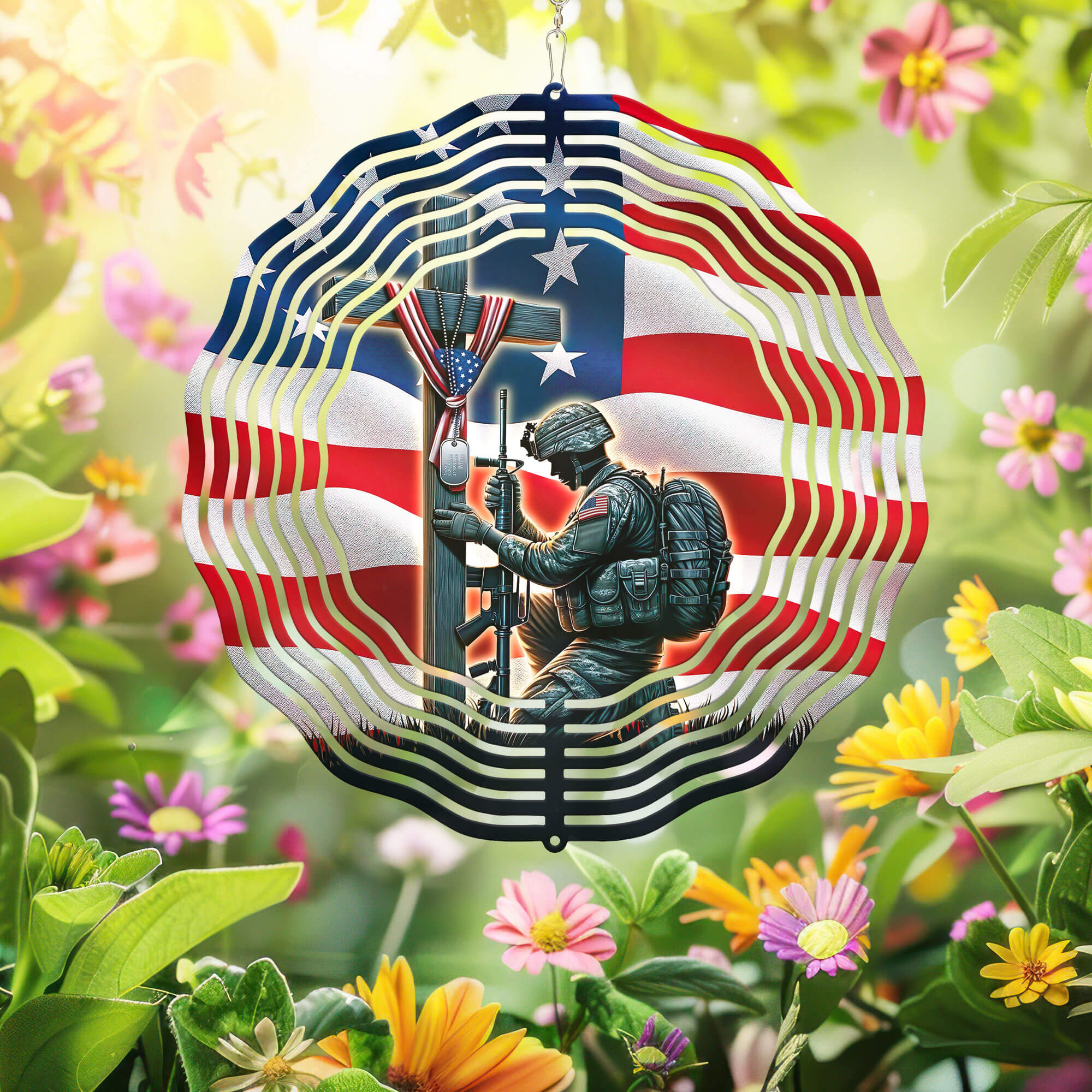 Stand For The Flag, Veteran Christian Cross Memorial Wind Spinner