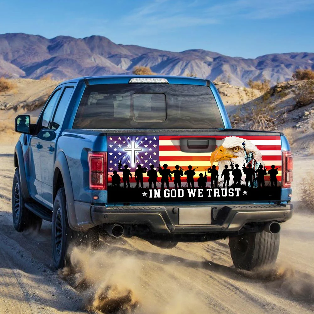 In God We Trust Christian Cross Veterans Day American Eagle Truck Tailgate Decal Wrap