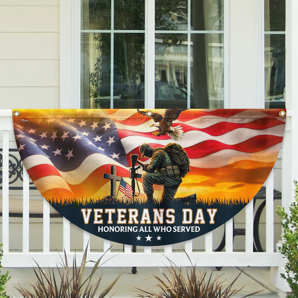 Veterans Day Honoring All Who Served Kneeling Soldier Non-Pleated Fan Flag
