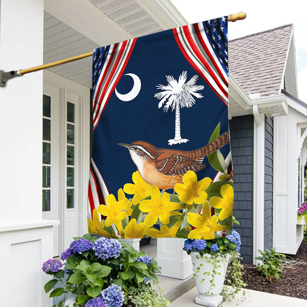 South Carolina With Carolina Wren Bird and Yellow Jessamine Flower, South Carolina Flag
