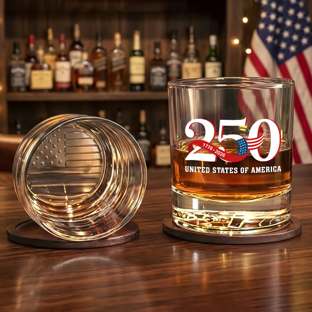 250th Anniversary Whiskey Glass with Printed 1776 2026 American Flag