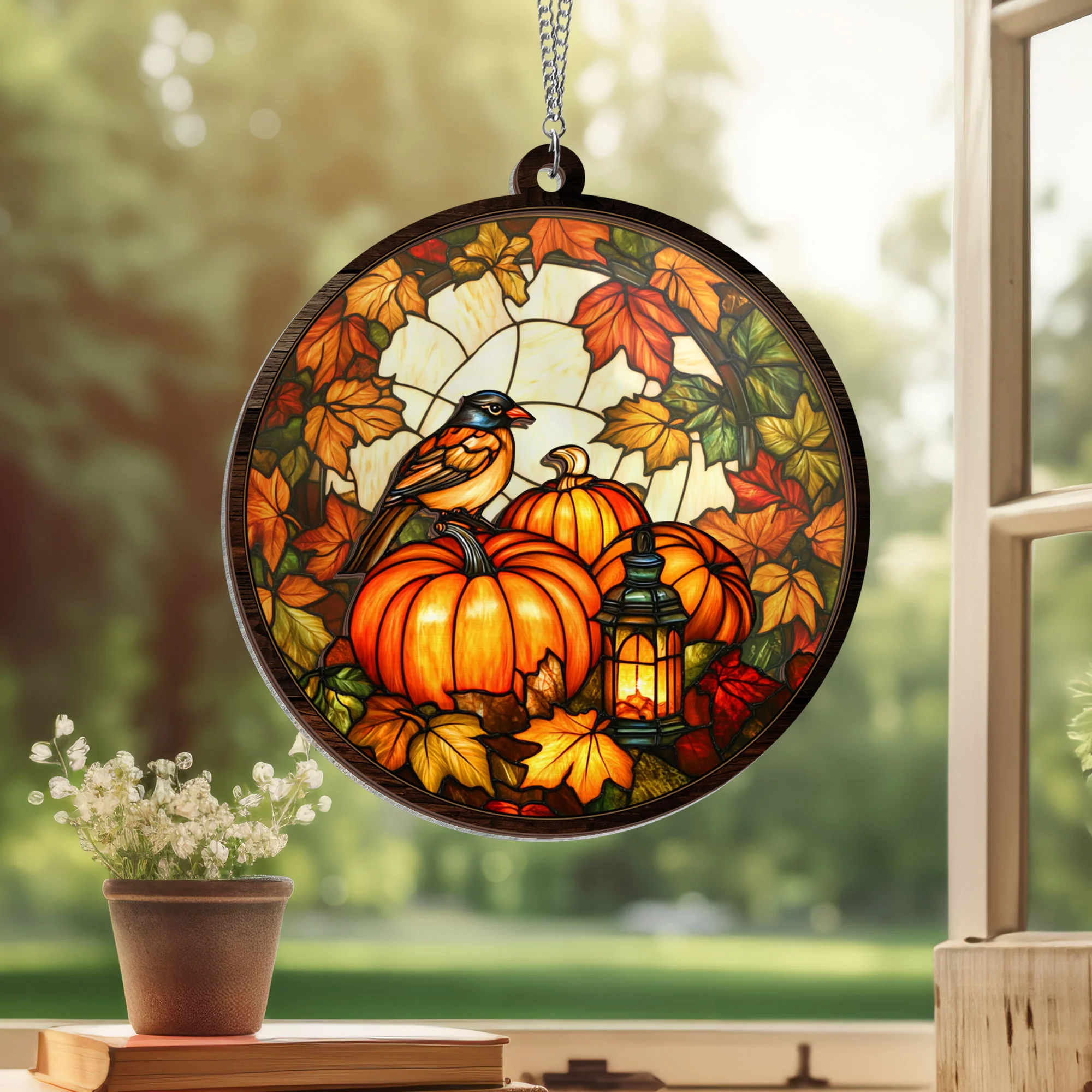 Charming Pumpkin, Fall Pumpkin Lantern Decor 2 Layered Hanging Suncatcher