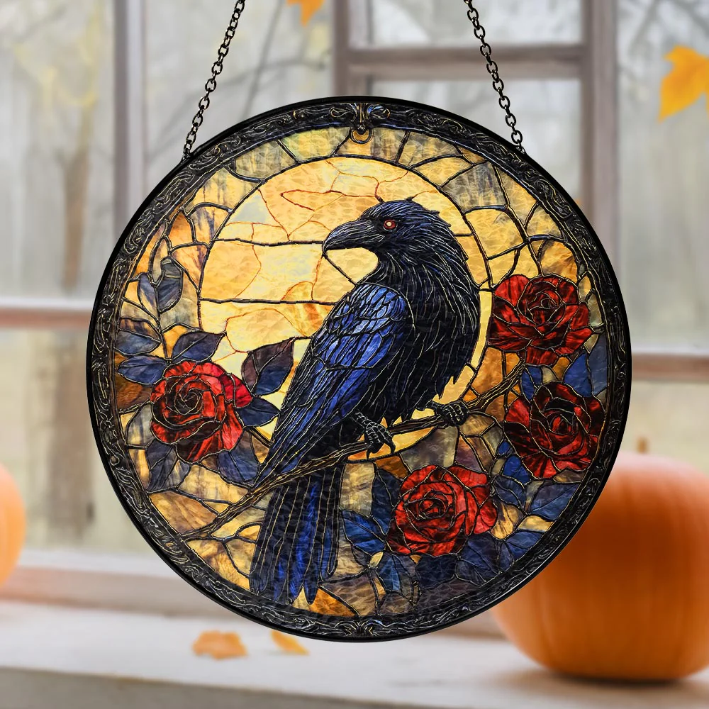 Halloween Stained Glass Suncatcher - Gothic Crow Window Hanging for Spooky Ambiance