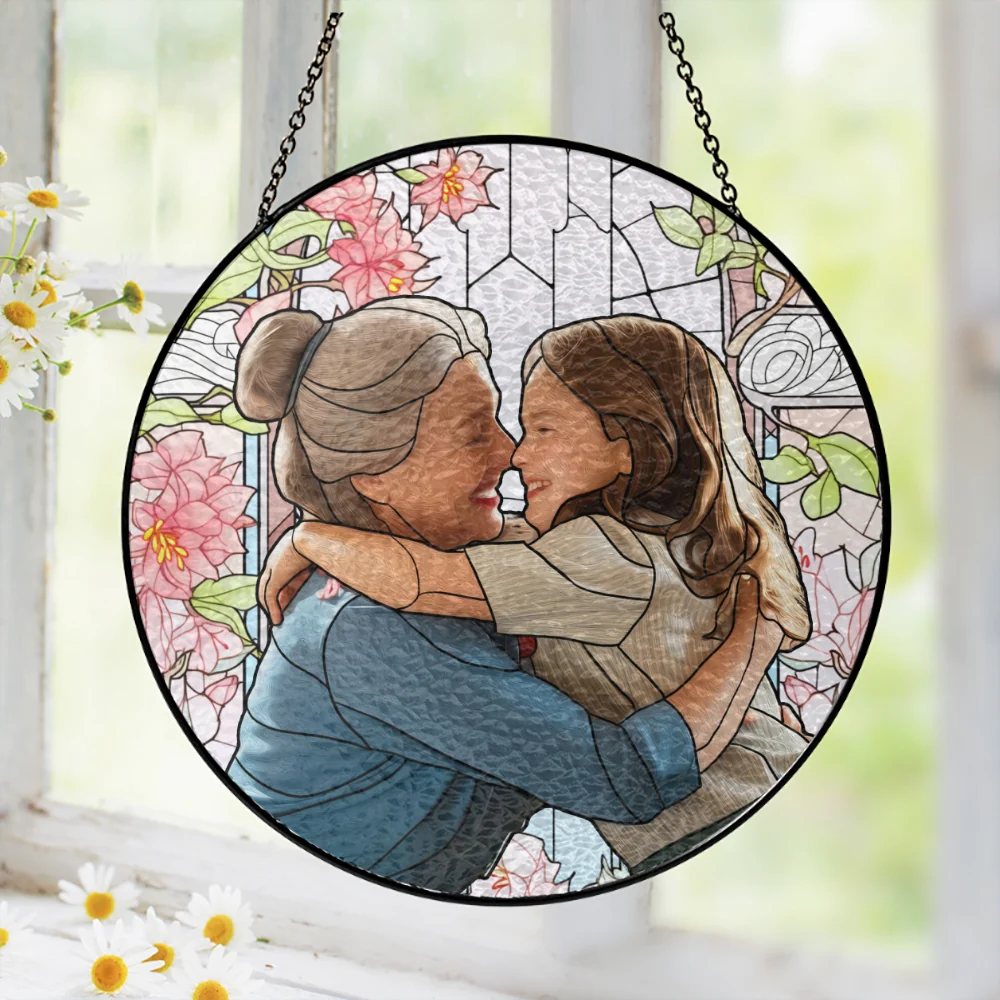 Personalized Grandma And Grandkids Custom Photo Mother's Day Stained Glass Suncatcher