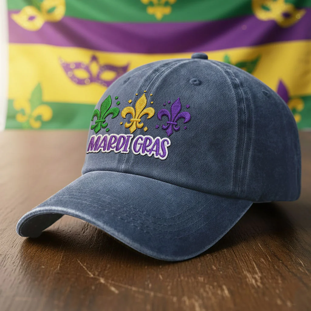 Happy Mardi Gras Washed Cap, Mardi Gras Fleur De Lis Embroidered Cap