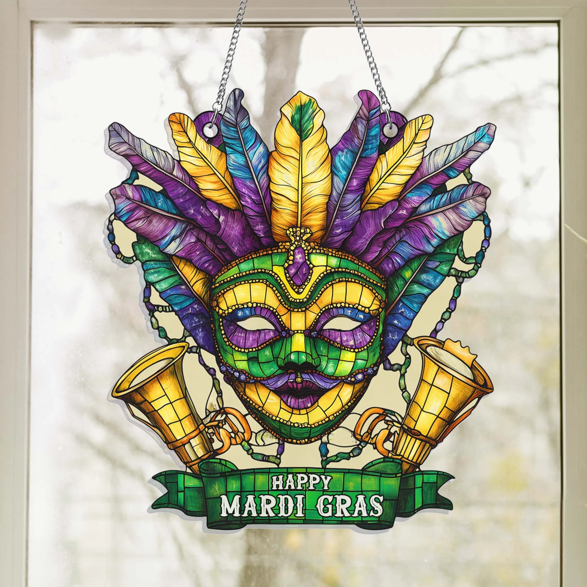 Happy Mardi Gras Acrylic Suncatcher Hanging