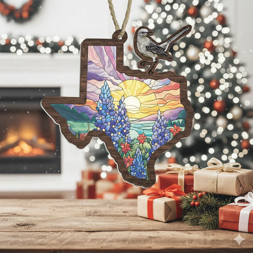 Christmas Ornament, Texas Suncatcher, Northern Mockingbird & Bluebonnet Design, Perfect Gift for Texas Pride & Home Decor 3-Day Shipping
