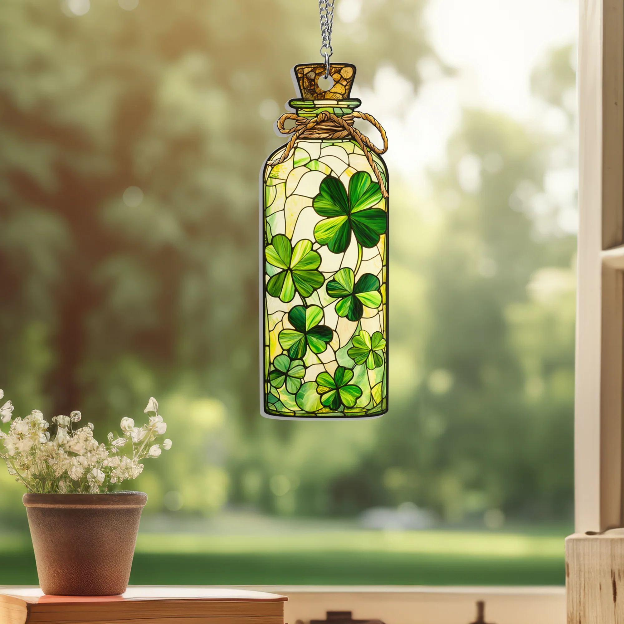 Shamrock Jar of Lucky Clovers St. Patrick's Day Acrylic Suncatcher Hanging